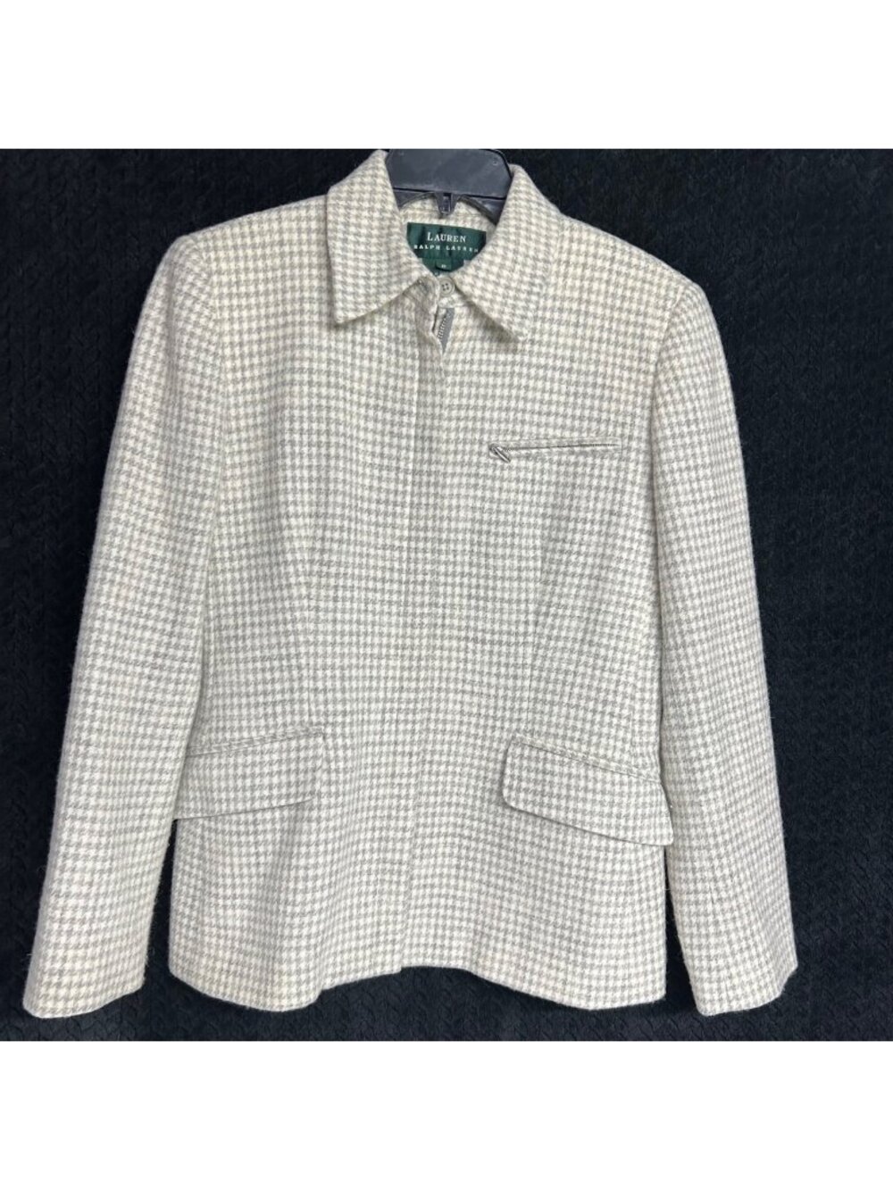 Lauren Ralph Lauren Women's Houndstooth Wool Blazer Jacket Size 6 Cream Gray